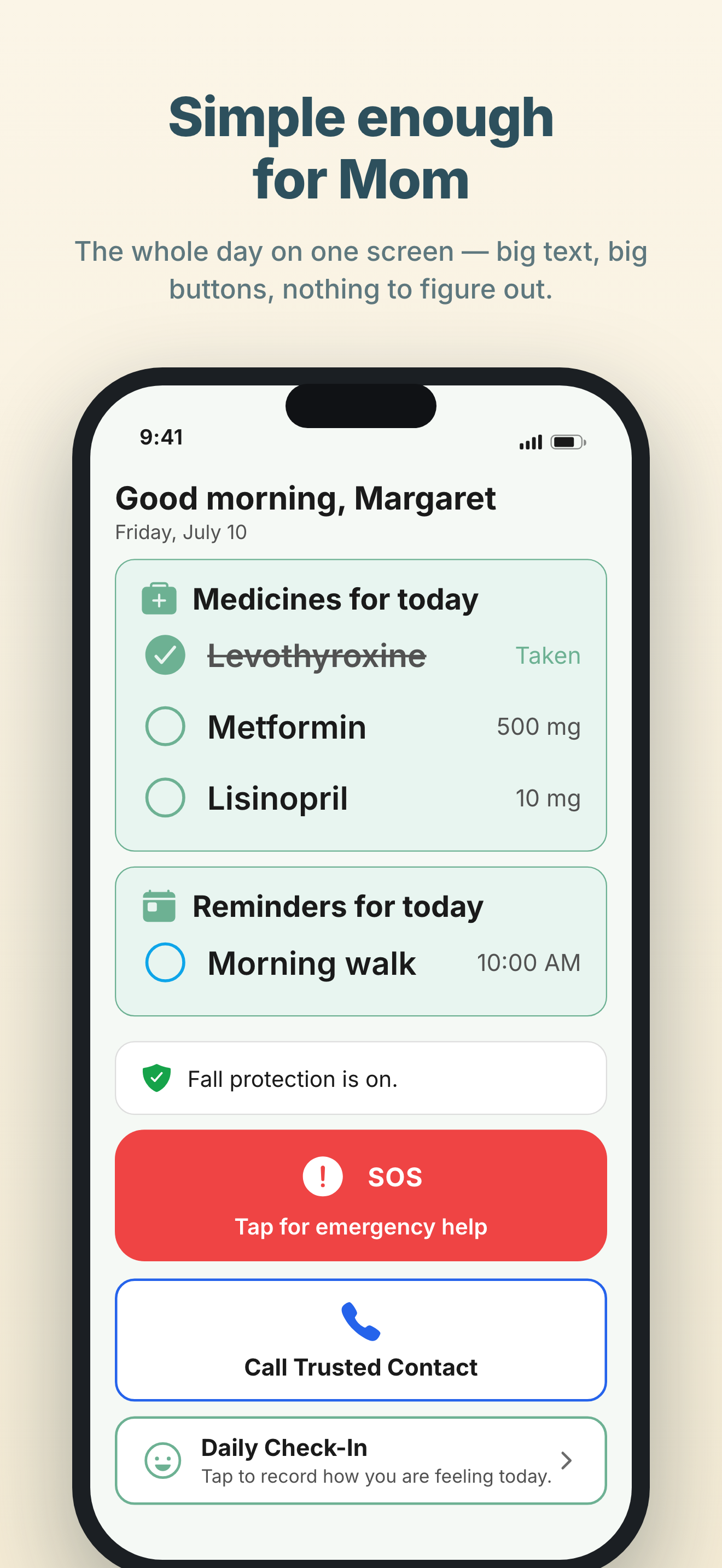 Simple Mode home screen with large SOS, medication, and task buttons