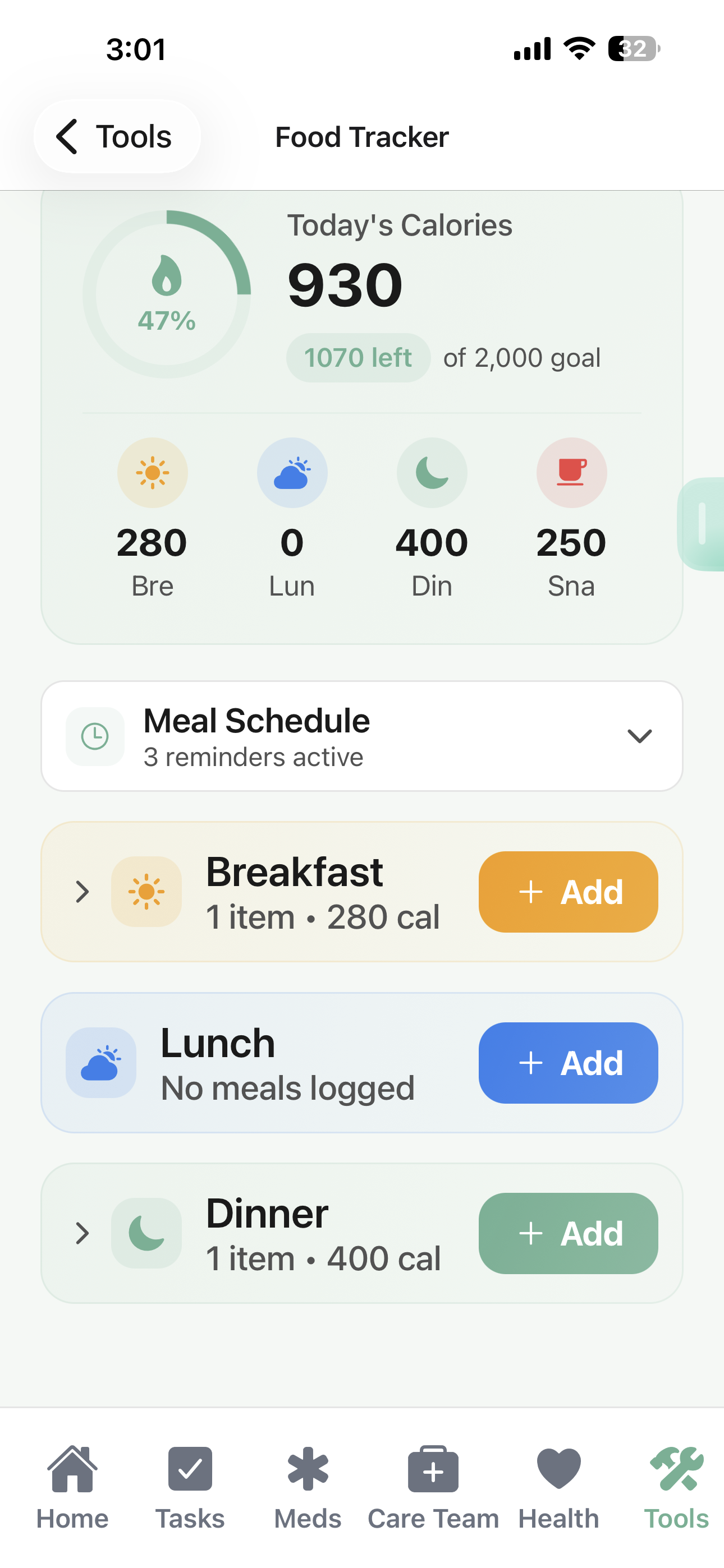 SteadiDay Food Tracker showing daily calorie tracking with breakfast, lunch, dinner, and snack meals