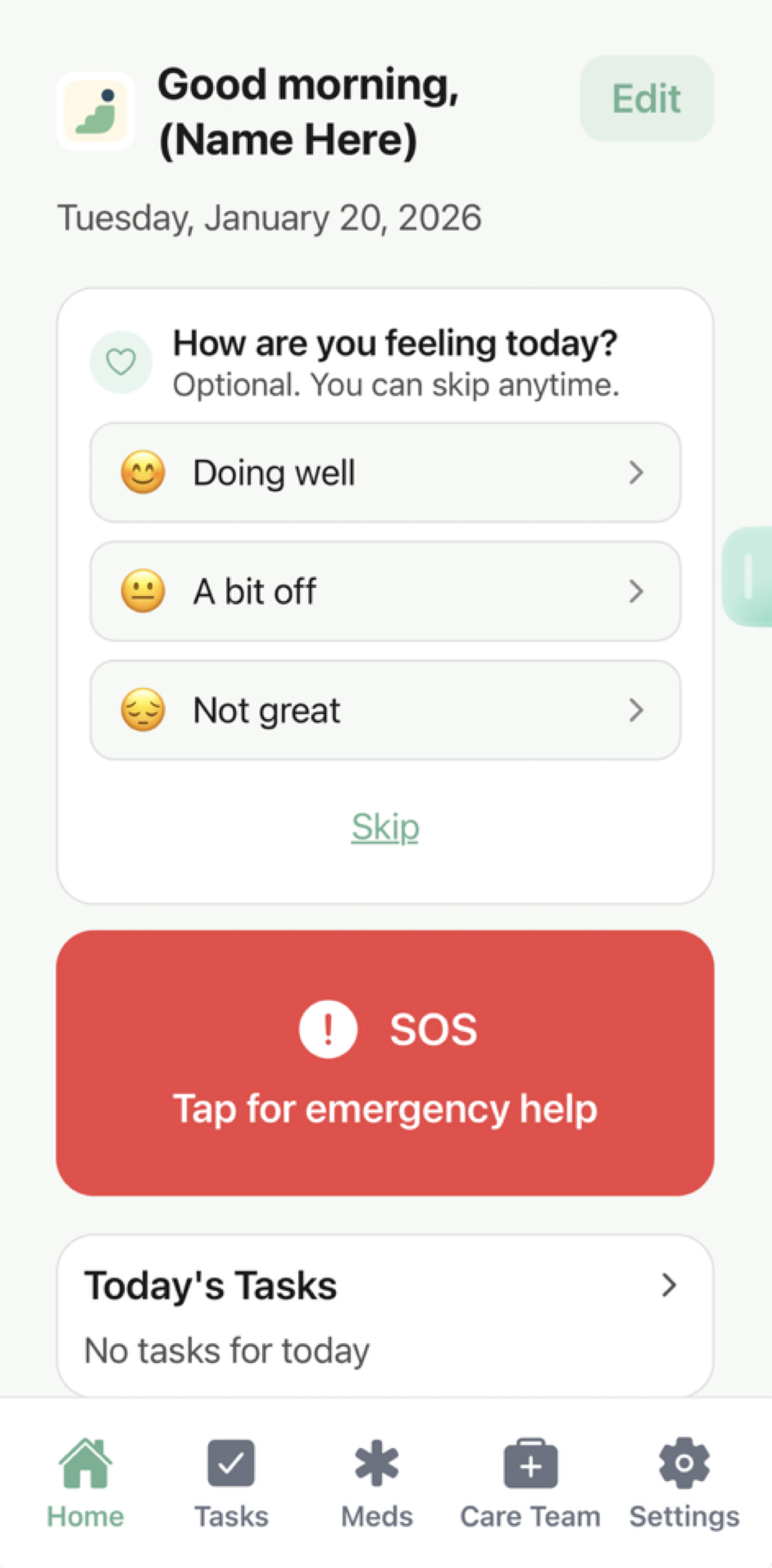 SteadiDay app home screen
