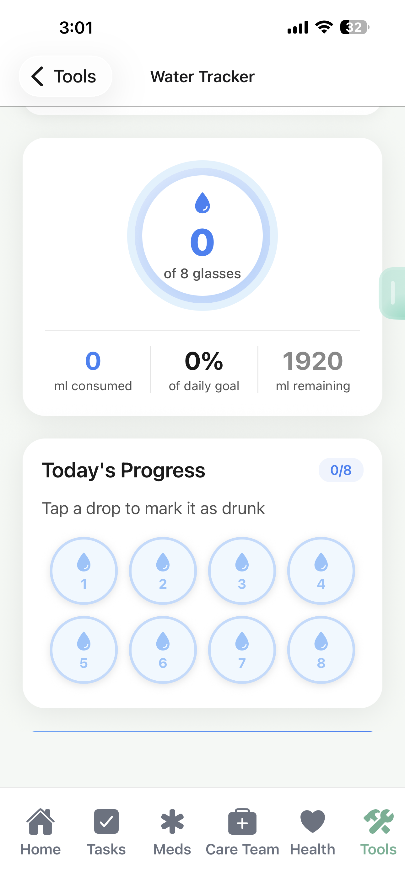 SteadiDay Water Tracker showing daily hydration progress with 8 glasses goal